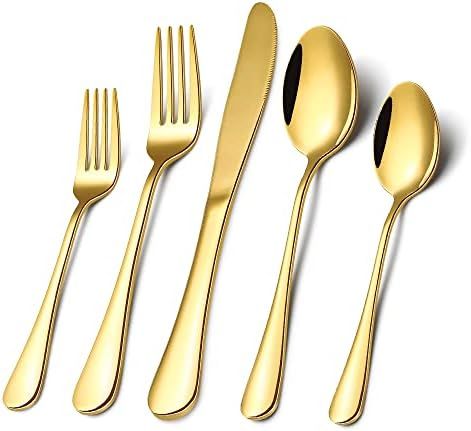 Gold Silverware Flatware Set for 8, 40 Piece Stainless Steel Cutlery Set With Titanium Golden Pla... | Amazon (US)