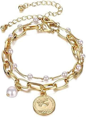 Bling Queen Women's Vintage Dual Layer Pearl Charm Metal Bracelet | Amazon (US)