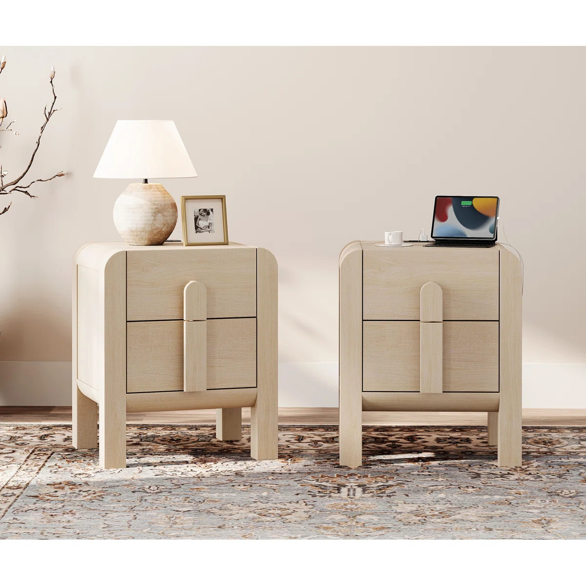 Ebern Designs Adora Modern Wood Nightstand Set Of 2 With Drawers ,Curved Mid-Century End Table Wi... | Wayfair North America