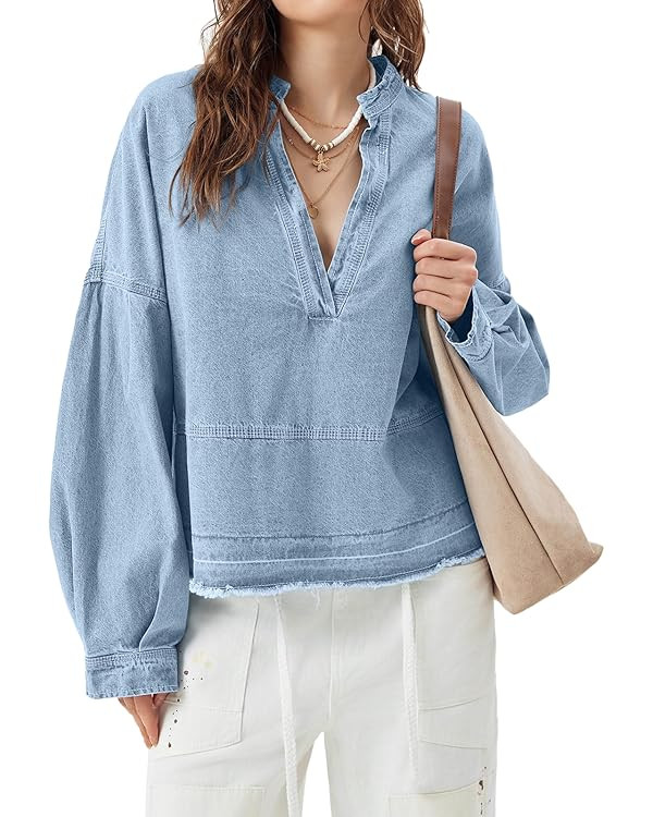 PLNOTME Womens Denim Tops Pullover Trendy Casual V Neck Loose Fit Puff Sleeve Jean Cotton Shirts | Amazon (US)
