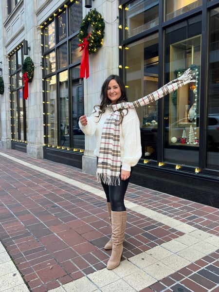 Cute and cozy winter outfit!

Paired my favorite black leggings and faux suede boots with a long cable knit sweater and plaid scarf for a festive look!

Wearing a large in the leggings

Linked similar boots in case the target boots are sold out!

Holiday outfit
Midsize
Curvy
White sweater 

#LTKSeasonal #LTKmidsize #LTKHoliday