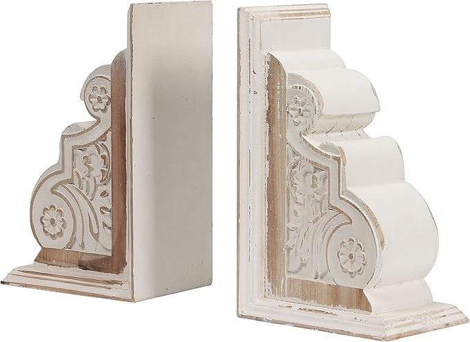 1 Pair Rustic Distressed Finish Wood Bookends, White Bookends Decorative Unique, Carved Pattern F... | Amazon (US)