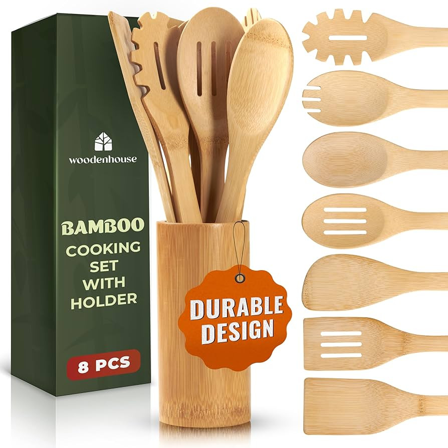 Bamboo Utensils 7 PCs with Holder – Bamboo Cooking Utensils Set + Holder for Nonstick – Woode... | Amazon (US)