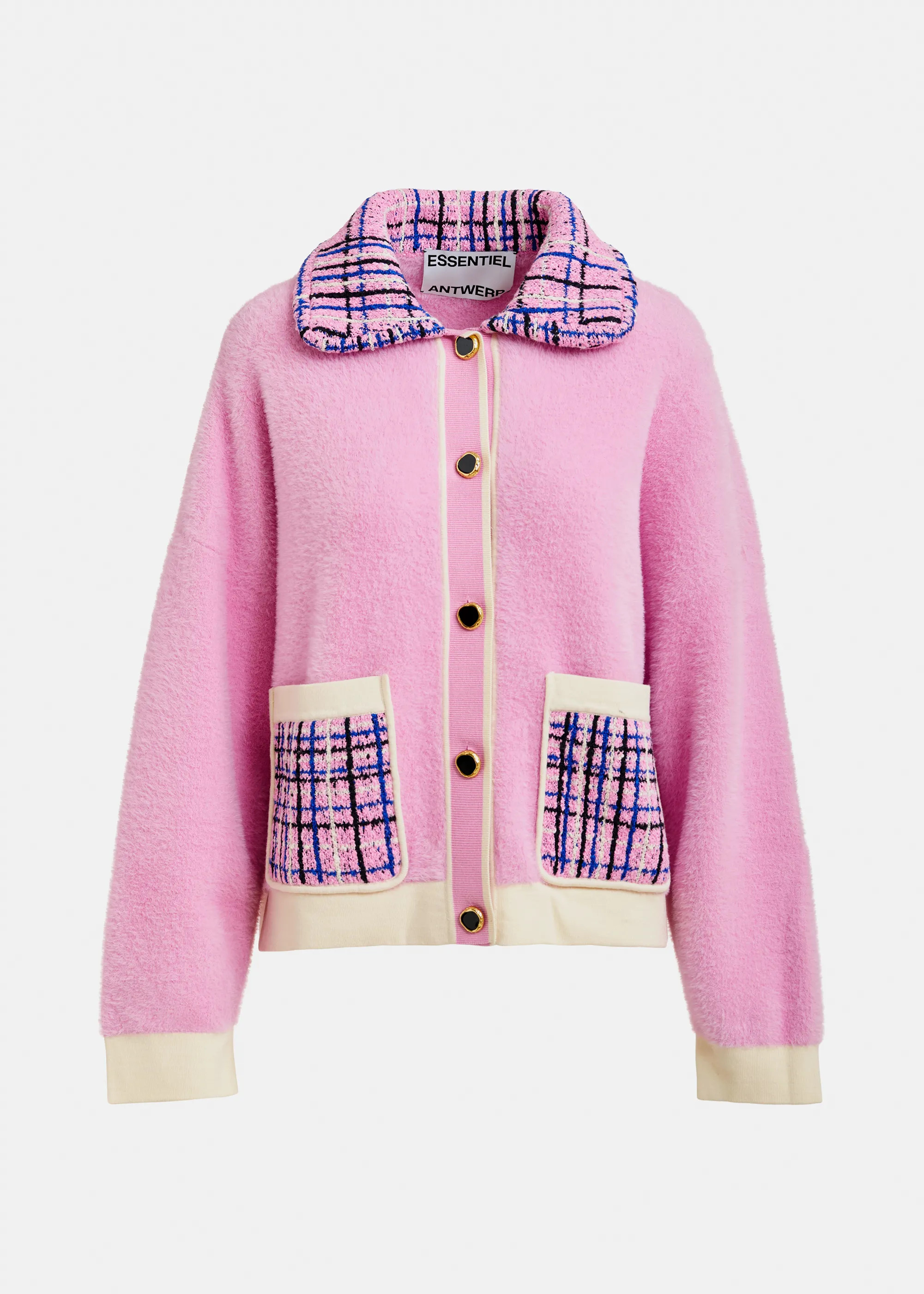 Pink and off-white textured cardigan with contrast blue and black tweed collar and patch pockets ... | Essentiel Antwerp
