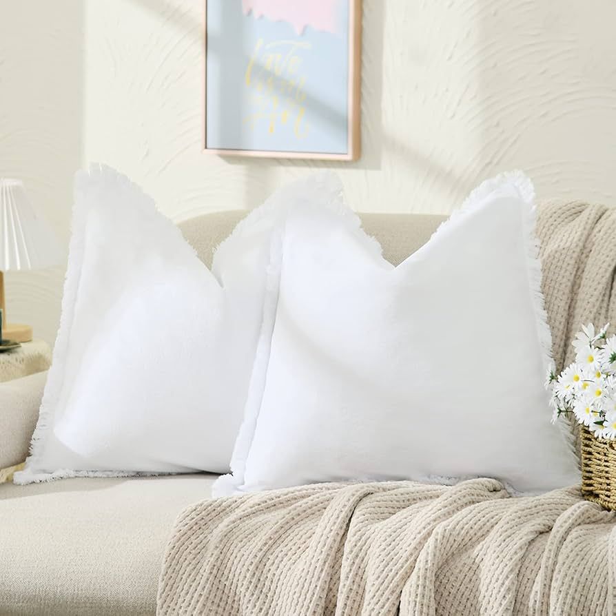 ZWJD Pillow Covers 18x18 Set of 2 White Throw Pillow Covers with Fringe Chic Cotton Decorative Pi... | Amazon (US)