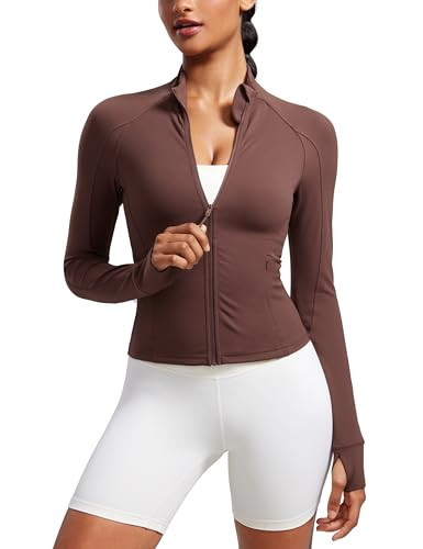 CRZ YOGA Butterluxe Waist Length Jackets for Women - Full Zip Athletic Track Tops with Thumb Holes Pockets Taupe X-Large | Amazon (US)