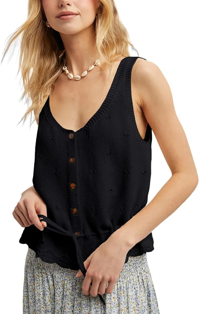 Bianstore Womens Crochet Tank Tops Summer Sleeveless V Neck Button Down Ruffle Hem Tie Waist Knit... | Amazon (US)