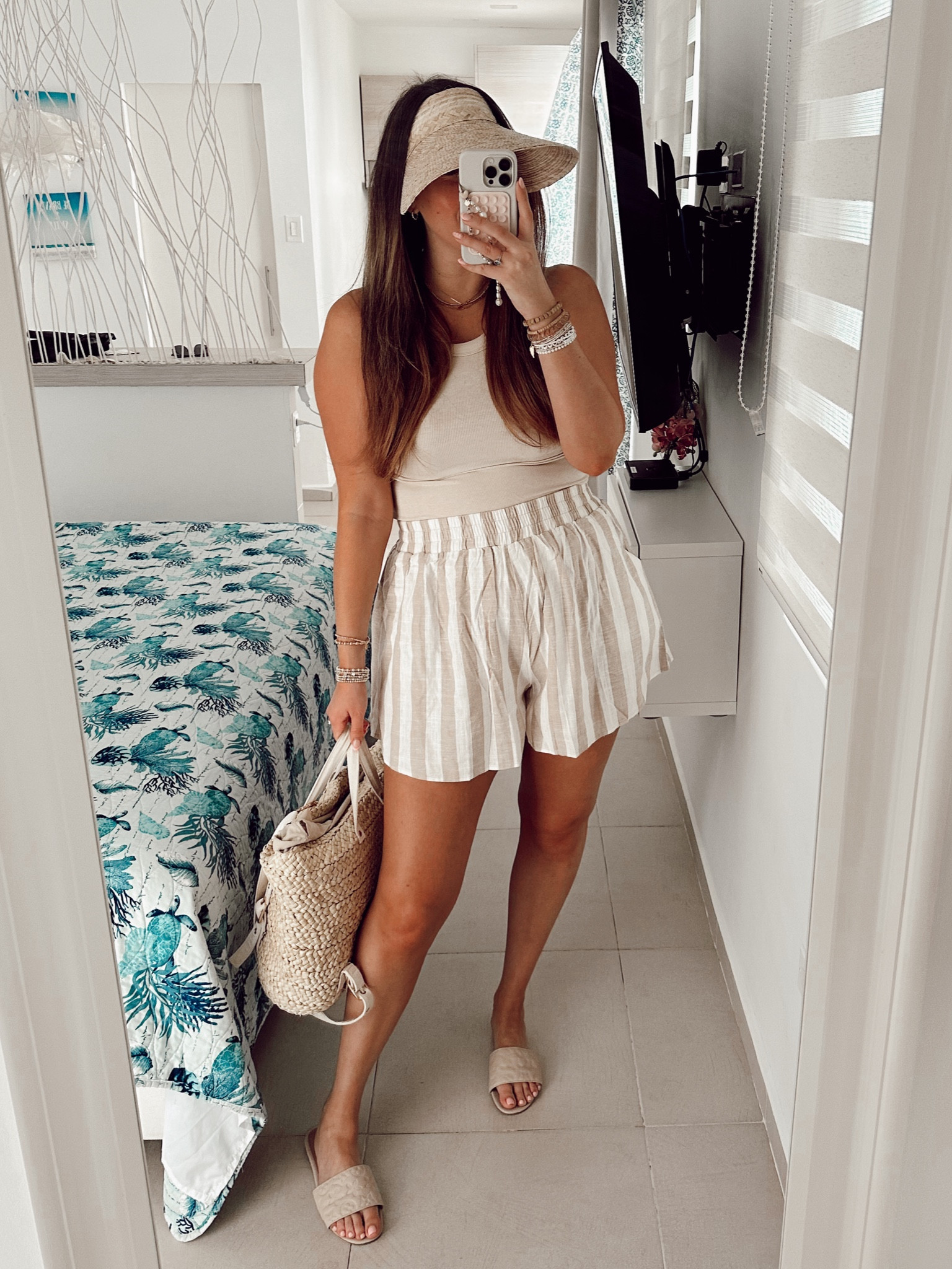 Vacation outfit, resort wear. Sized up in shorts. Visor, beach bag. 

#LTKstyletip #LTKtravel #LTKFind