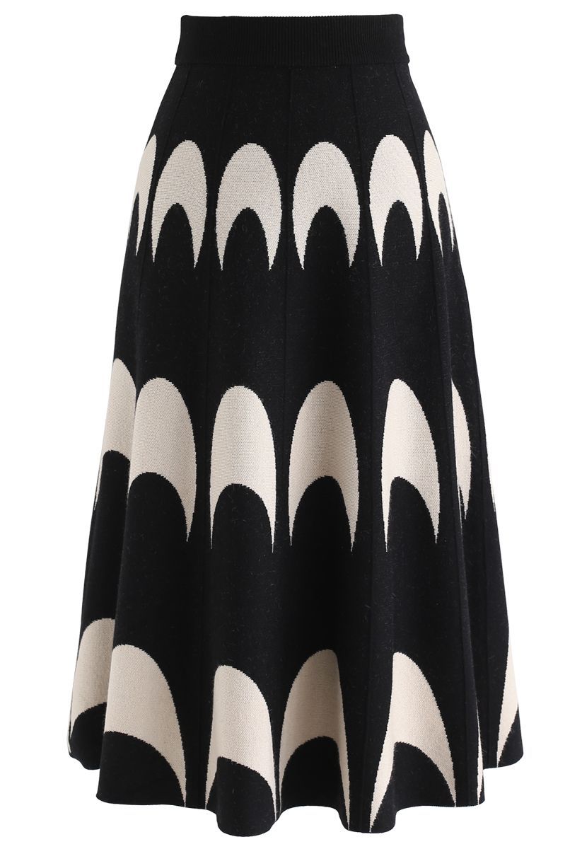 Moon Pattern Knit A-Line Midi Skirt in Black | Chicwish