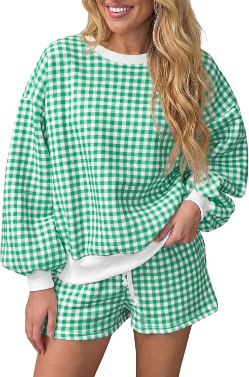 Fisoew Women's Gingham Lounge Set 2 Piece Outfits Sweatshirt and Shorts | Oversized, Long Sleeve,... | Amazon (US)