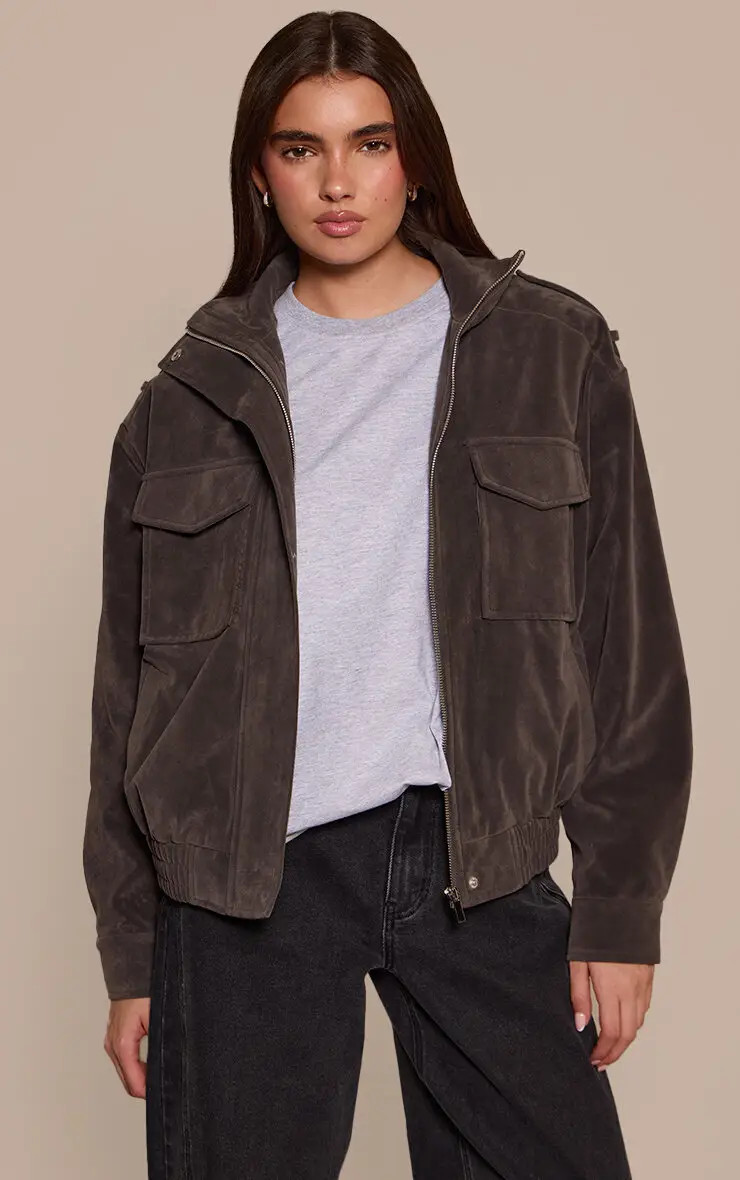 Dark Grey Funnel Neck Pocket Detail Faux Suede Bomber | PrettyLittleThing | PrettyLittleThing UK