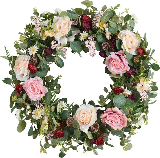 WANNA-CUL 24 Inch Large Spring Rose Flower Wreath for Front Door,Pink and Wine Red Floral Door Wr... | Amazon (US)