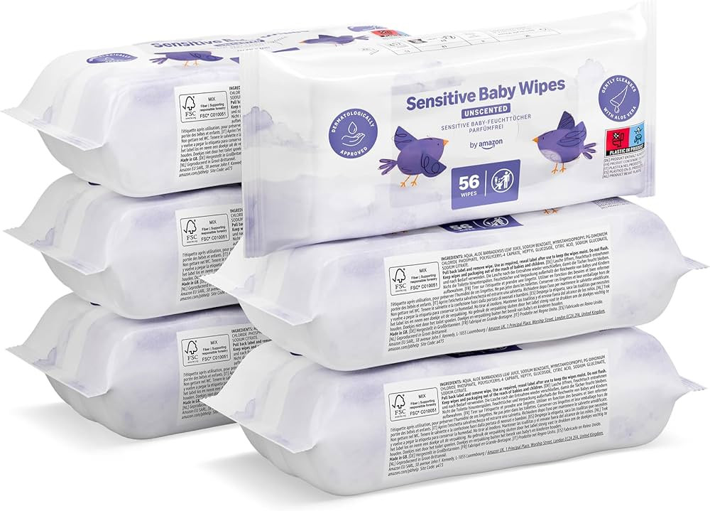 by Amazon Sensitive Baby Wipes 336 Wipes, Unscented, 6 Pack of 56, (Previously a Mama Bear brand,... | Amazon (UK)