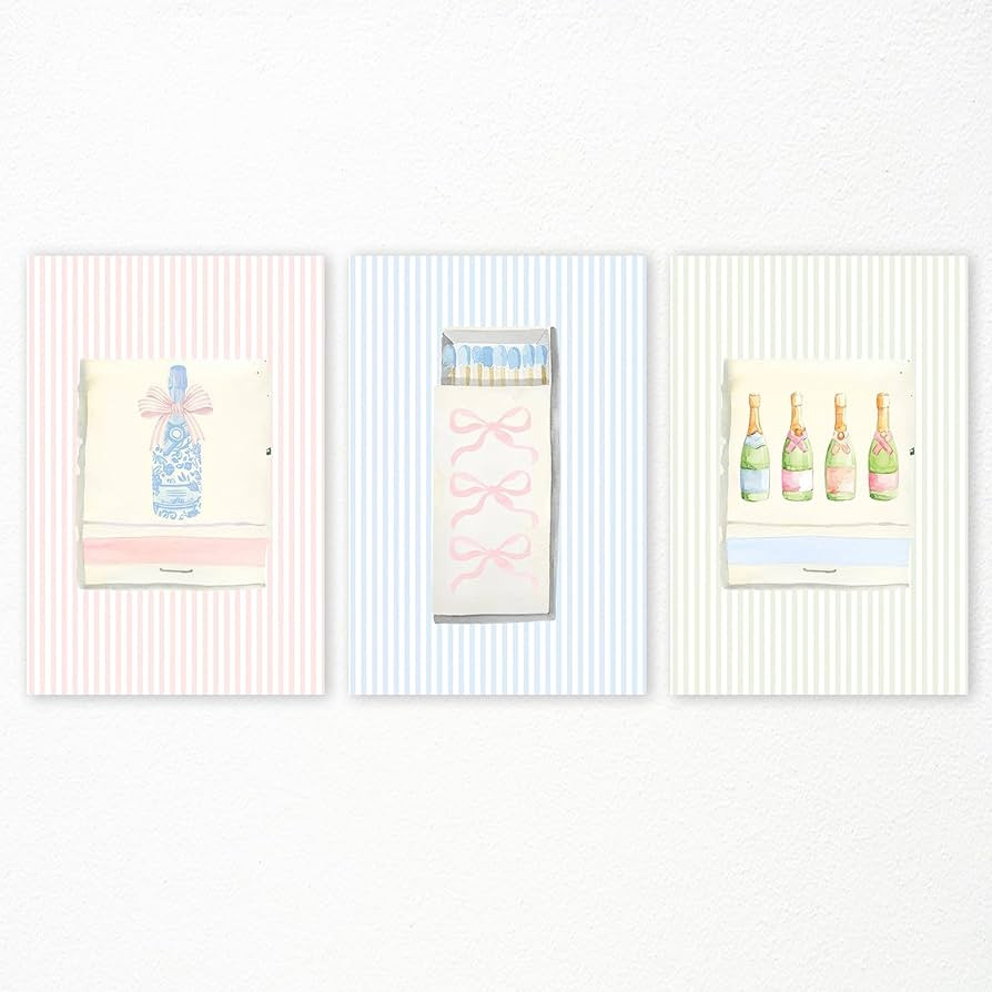 nghtuiyocw 3 Piece Bow Matchbox Champagne Print Poster, Trendy Aesthetic Matchbook Canvas Wall Ar... | Amazon (US)