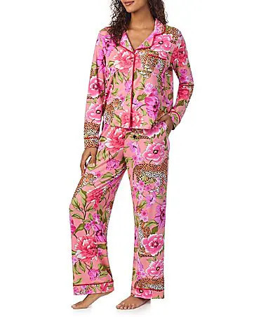 Room Service Leopard Floral Print Long Sleeve Notch Collar Knit Pajama Set - S | Dillard's