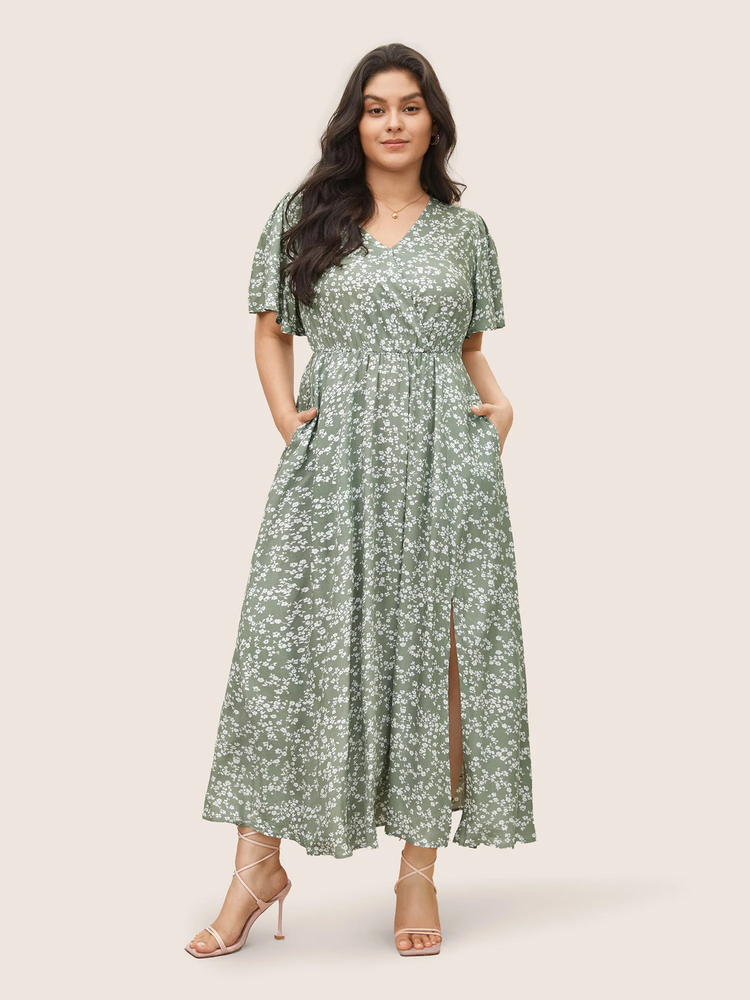 Bloom Dress - Flutter Sleeve Ditsy Floral Pocket Split Maxi Dress | Bloomchic