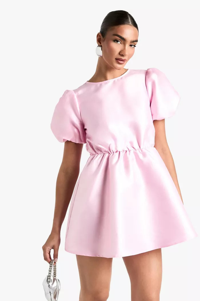 Taffeta Puff Sleeve Tie Back Skater Dress | Boohoo.com (UK & IE)