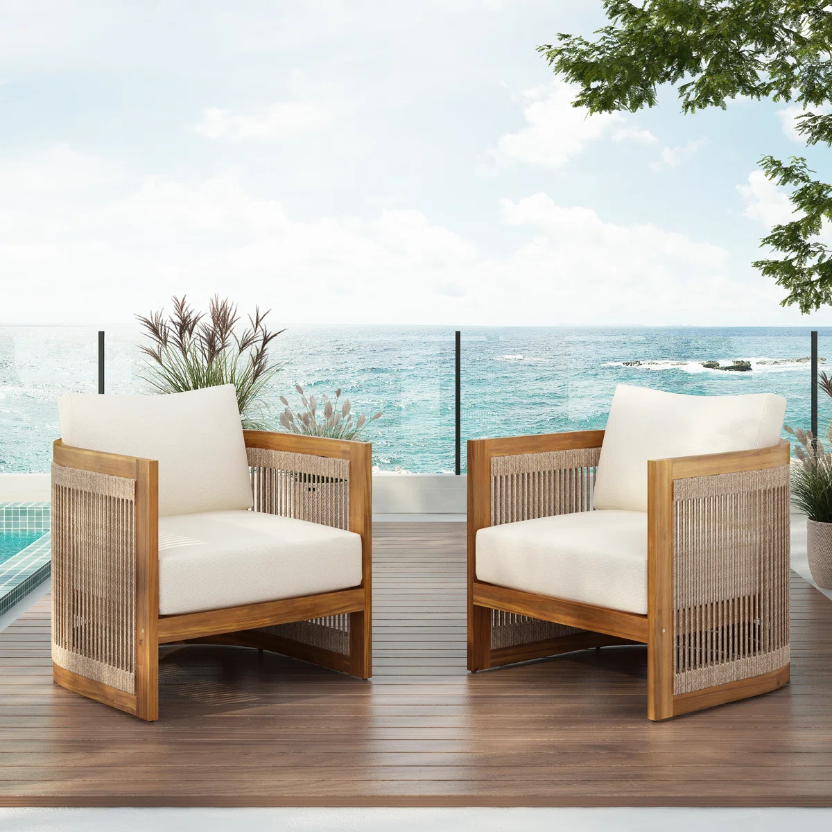 Masayushi Patio Acacia Wood & Woven Rope Lounge Chair With Cushions (Set of 2) | Wayfair North America