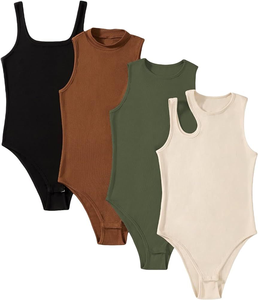 Milumia Women's 4 Piece Bodysuit Ribbed Sleeveless Crewneck Solid Basic Bodysuits | Amazon (US)