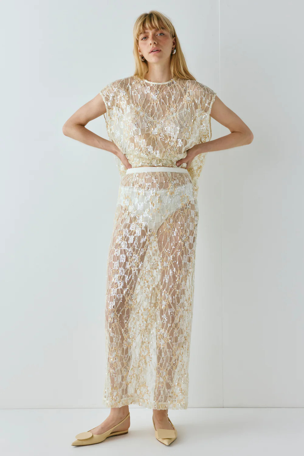 Devyn Sequin Midi Skirt Apricot | VRG Grl