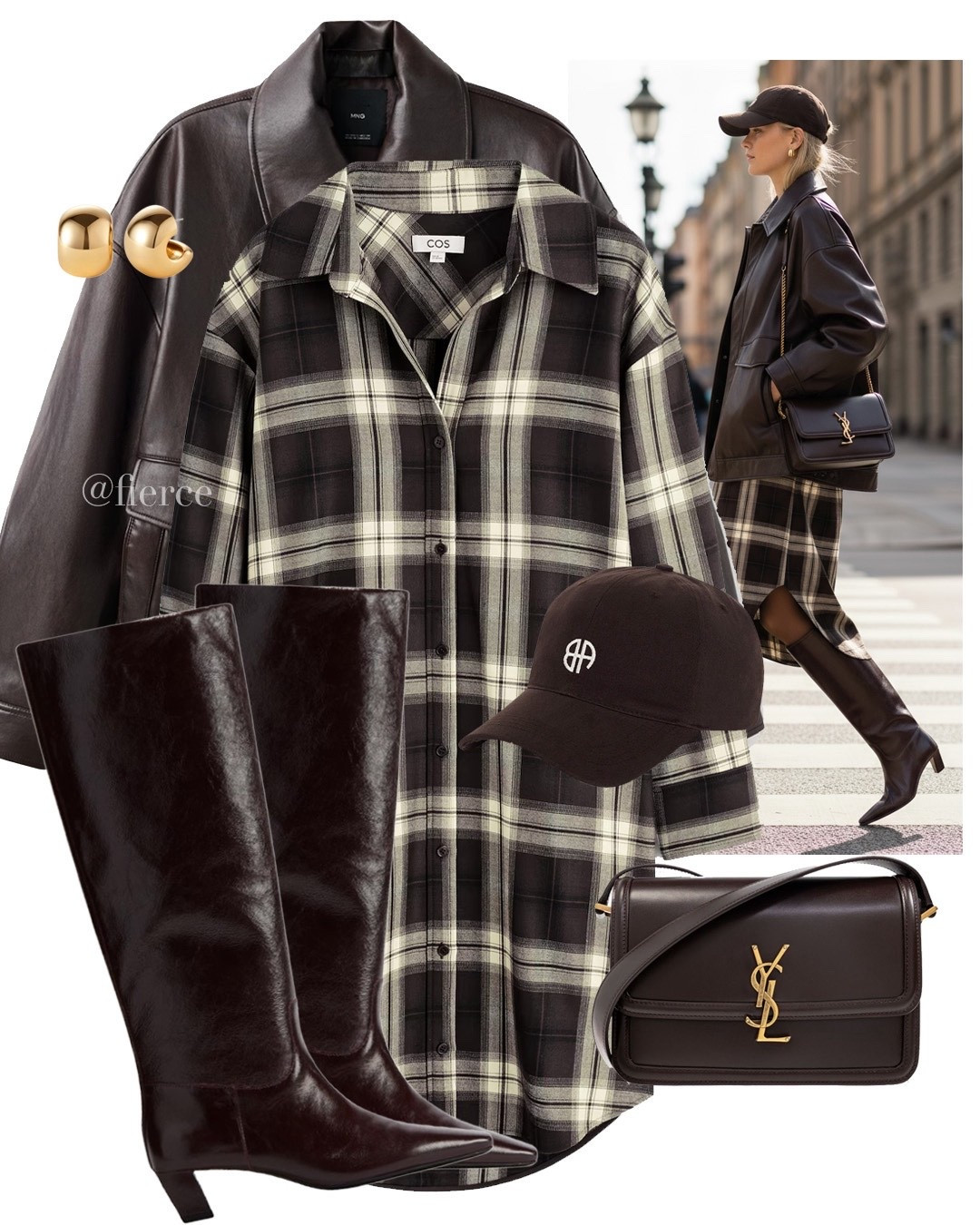Chocolate brown leather jacket checked shirts dress chocolate brown knee high boots chocolate brown baseball cap YSL chocolate bag chic outfit lunch date city break 

#LTKautumn 

#LTKwinter #LTKuk
