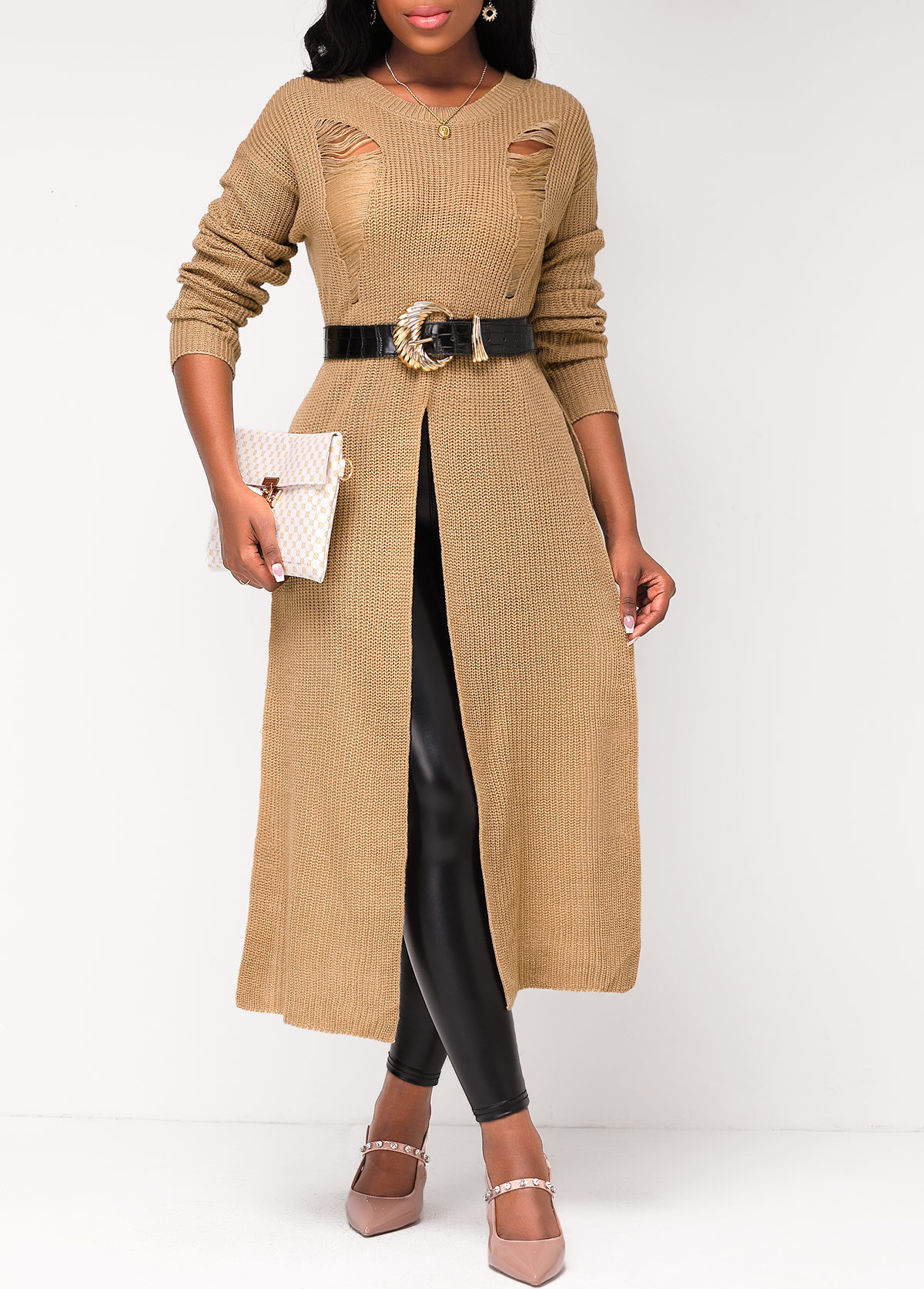 Front Slit Hem Round Neck Dark Coffee Sweater | rosewe.com