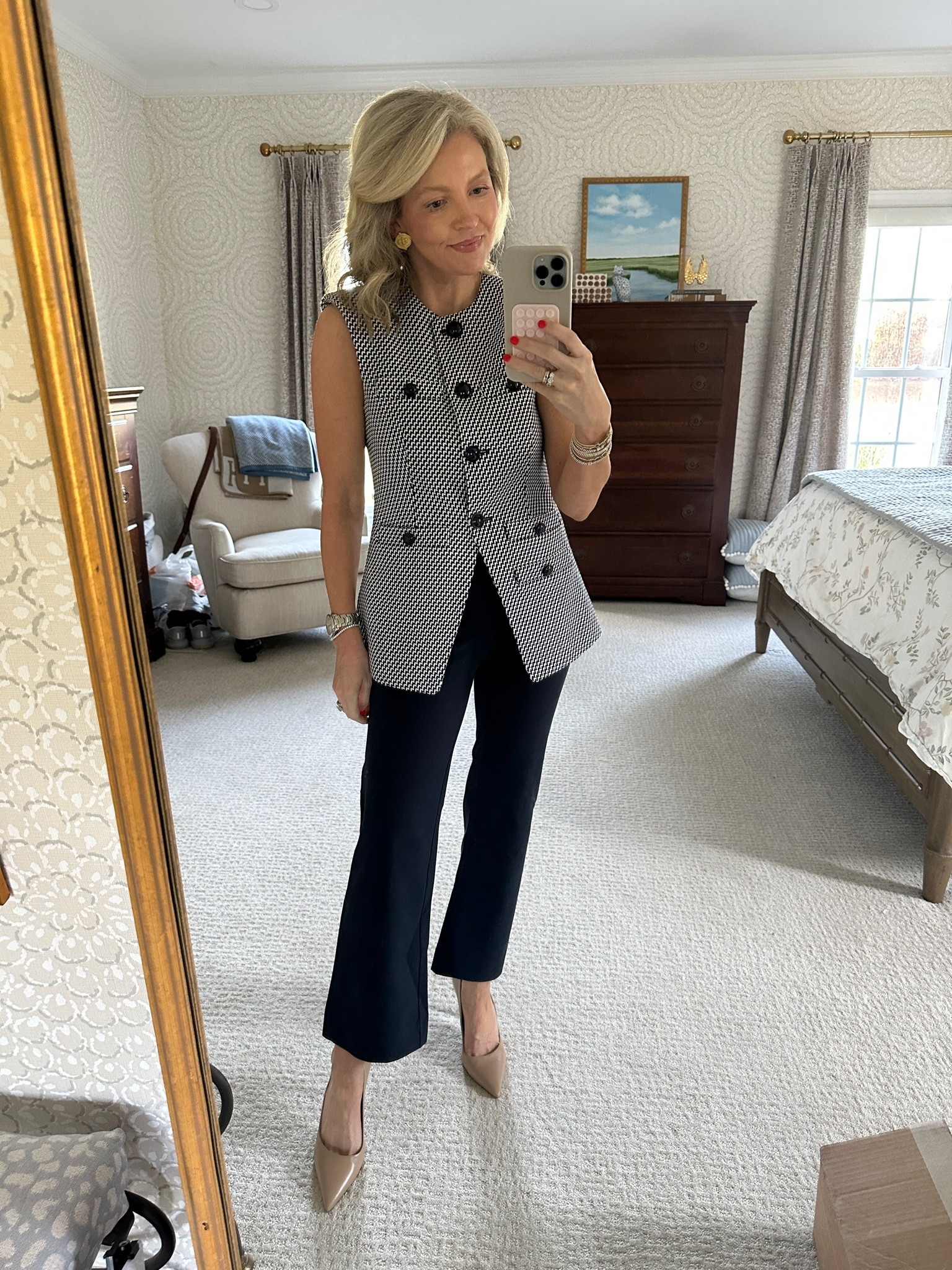 This vest is so good! I got it last year in green and loved the flattering fit so much. When I saw that they had it in Navy this season and it was on major sale, I had to snag it! I am in a size 0. The navy spartina pants are also amazing – I am in an extra small in those. They have an elastic waist and are pull on style but they do not stretch out during the day and hold their shape really well. Highly recommend.