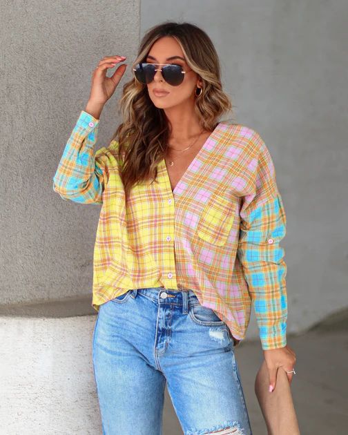 Dash Of Happiness Plaid Cotton Colorblock Button Down Top | VICI Collection