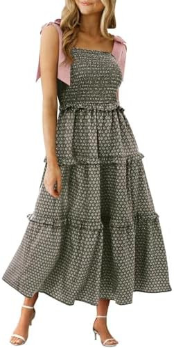 Wenrine Womens Summer Floral Maxi Dress Smocked Tie Shoulder Boho Sleeveless Ruffle Tiered Casual... | Amazon (US)