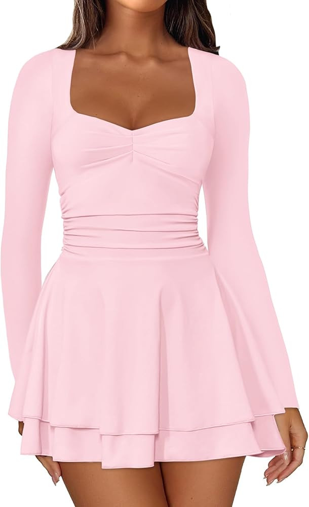IWD Women's Square Neck Long Sleeve Mini Dress Ruched Corset Waist Tiered Ruffle Hem A Line Short... | Amazon (US)