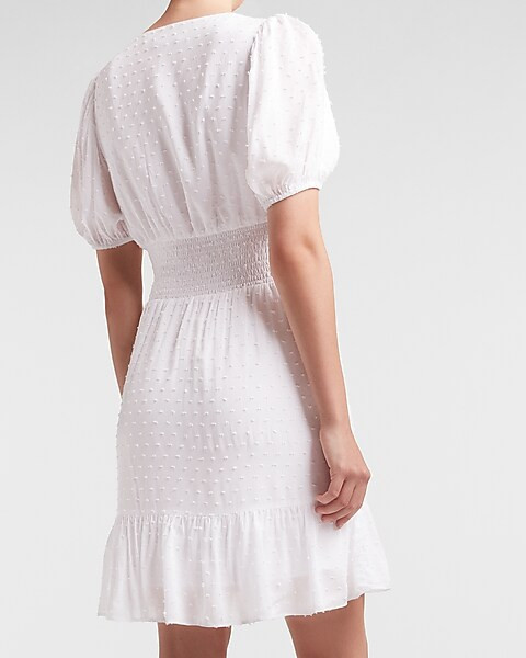 Clip Dot Ruffle Wrap Puff Sleeve Dress | Express