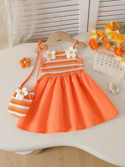 SHEIN Playful Pals Baby Girls' Sweet Floral Decor Sleeveless Dress With Matching Mini Crossbody B... | SHEIN