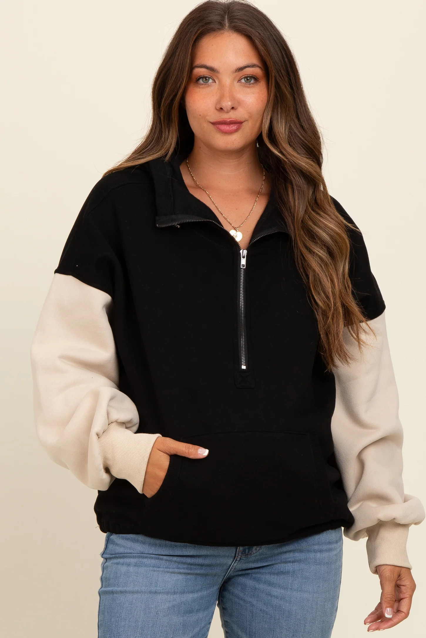 Black Coloblock Half Zip Maternity Hoodie | PinkBlush Maternity