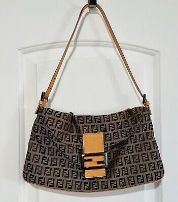 FENDI Zucchino Baguette Shoulder Bag Canvas Leather Brown Tan Pre-owned | eBay AU
