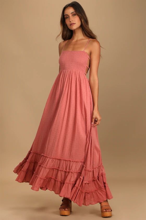 Serene Sunshine Rose Swiss Dot Smocked Cutout Tiered Maxi Dress | Lulus (US)