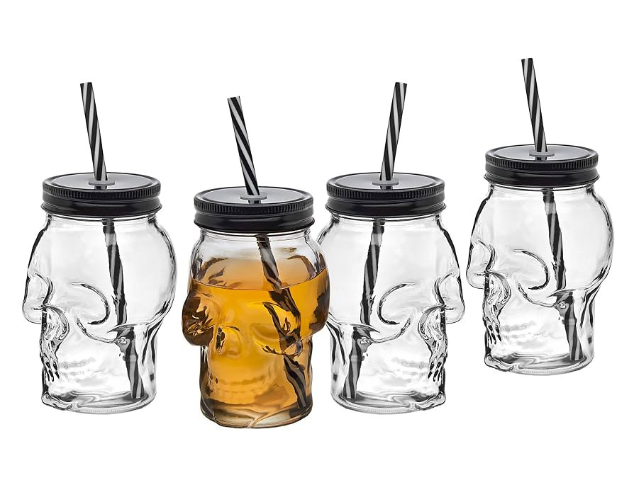 Skull Mason Jar Mug Glass Tumbler Cup with Cover and Straw - 16oz, Set of 4 | Amazon (US)