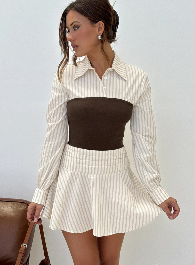 Belva Long Sleeve Corset Shirt Mini Dress Brown Stripe | Princess Polly US