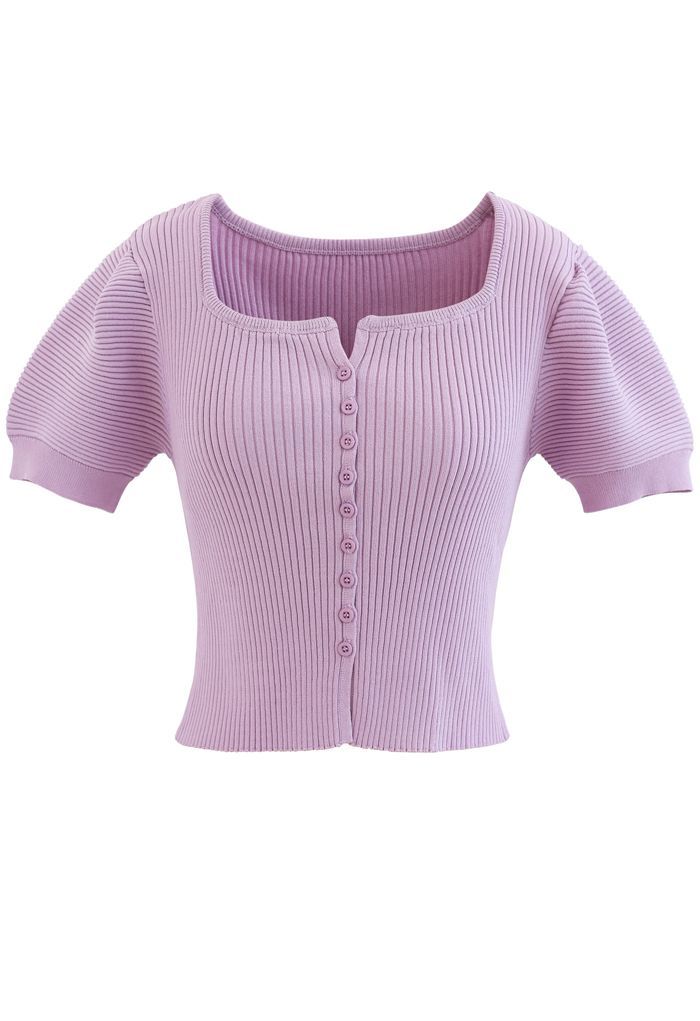 Short Sleeves Button Down Fitted Knit Top in Lilac | Chicwish