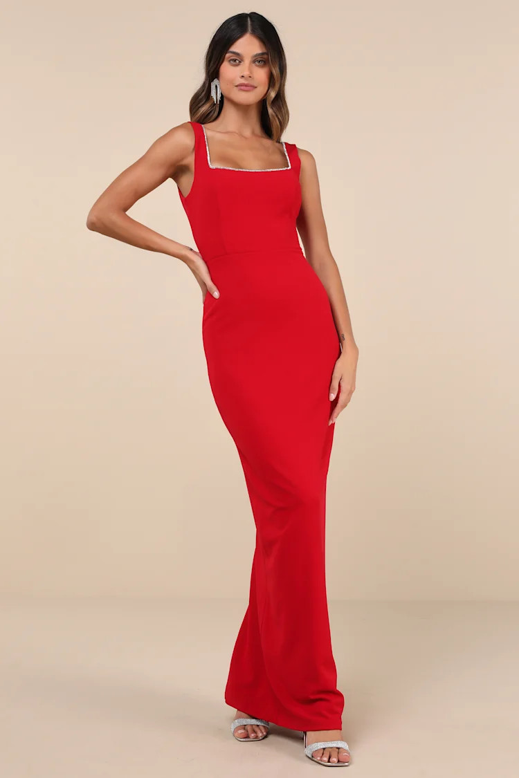 Timeless Poise Red Rhinestone Square Neck Backless Maxi Dress | Lulus
