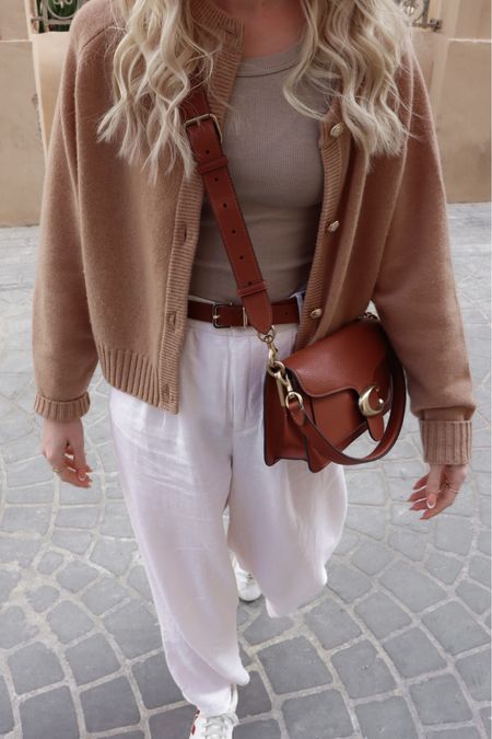 Outfit Inspiration, Transitional Style, Spring Outfit, Veja Trainers, Beige Cardigan, Linen Trousers, Tank Top

#LTKeurope #LTKstyletip #LTKSeasonal