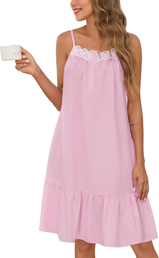 SWOMOG 100% Cotton Nightgowns for Women Lace Sleeveless Sleep Dress Victorian Sleepshirt Button S... | Amazon (US)