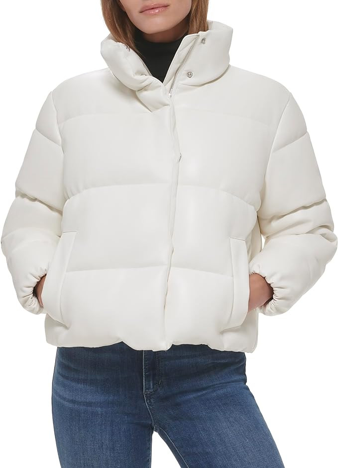 Calvin Klein Women's Short Faux-Leather Puffer Jacket | Amazon (US)