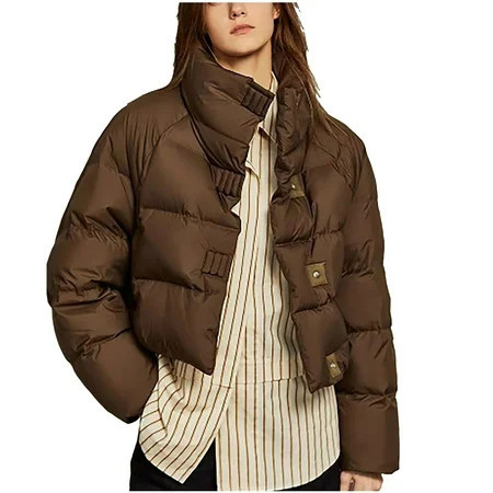 Womens Cropped Puffer Jacket Full Zip Quilted Jackets Warm Winter Coat Outerwear with Pockets Quilted Zipper Outerwear Coffee s | Walmart (US)
