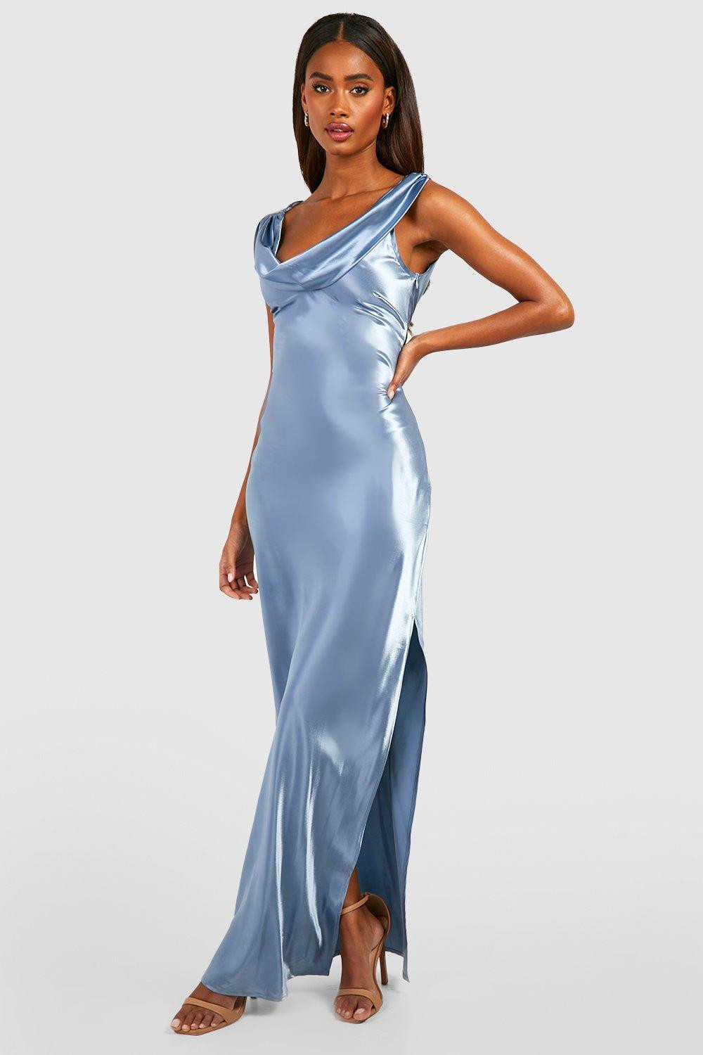 Womens Bridesmaid Satin Cowl Neck Slip Dress - Blue - 8 | Boohoo.com (US & CA)
