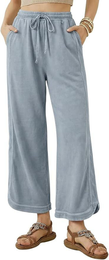 Women's Wide Leg Pants Comfy Cotton Casual Loose Drawstring Elastic Waist Baggy Palazzo Lounge Tr... | Amazon (US)