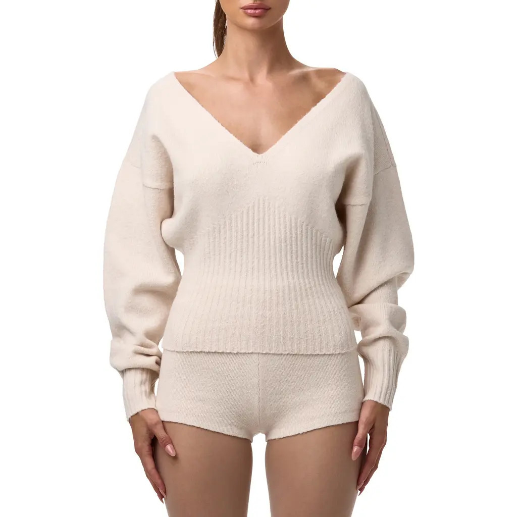 Naked Wardrobe V-Neck Ribbed Sweater in Bone at Nordstrom, Size X-Small | Nordstrom