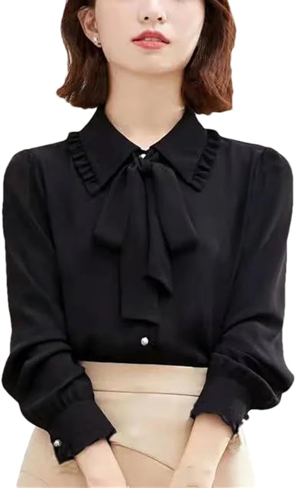 Women's Bow Tie Ruffle Neck Long Sleeve Shirt Office Lady Casual Button Down Business Work Blouse... | Amazon (US)