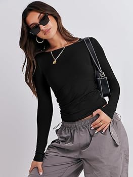 ANRABESS Women’s Long Sleeve Shirts Tight Fitted Going Out Crop Tops Crewneck Basic Tee Y2k Out... | Amazon (US)