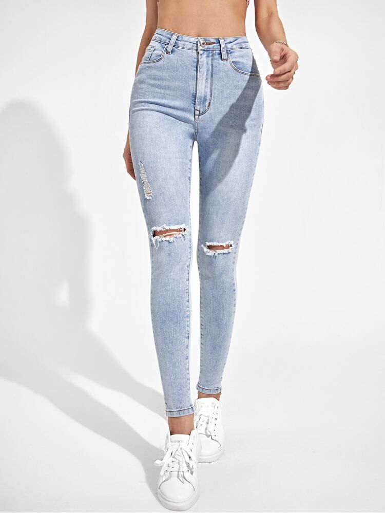 Zipper Fly Ripped Detail Skinny Jeans | SHEIN