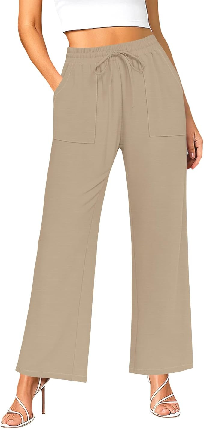 NILOUFO Women Wide Leg Pants Drawstring Elastic High Waisted Palazzo Casual Trousers with Pockets... | Amazon (US)